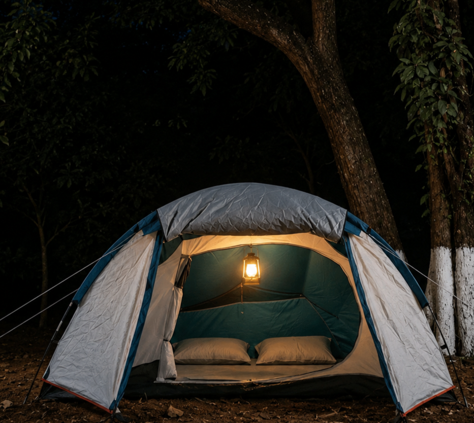 Family camping tent Satpura Tiger Reserve jungle camping children Madhya Pradesh
